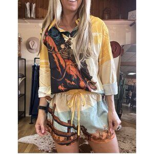 Lucky and Blessed Short Set Womens 3XL Yellow Cowboy Ranger Button Up Western